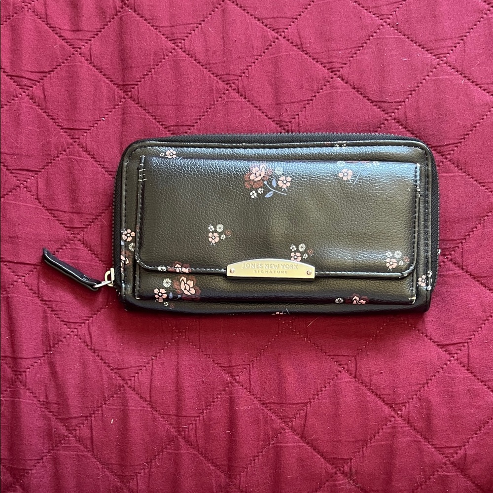 Jones New York Black Floral Zip Wallet with Pink Accents